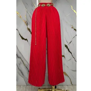 Women's High-Waisted Red Pleated Loose-Fitting Long-Length Palazo Pants with Gold Belt Detailing, Multi-Size Options, for Special Occasions
