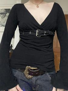 women's v neck metal button dark long sleeve t-shirt, y2k street style fall winter casual top, fashionable workwear design