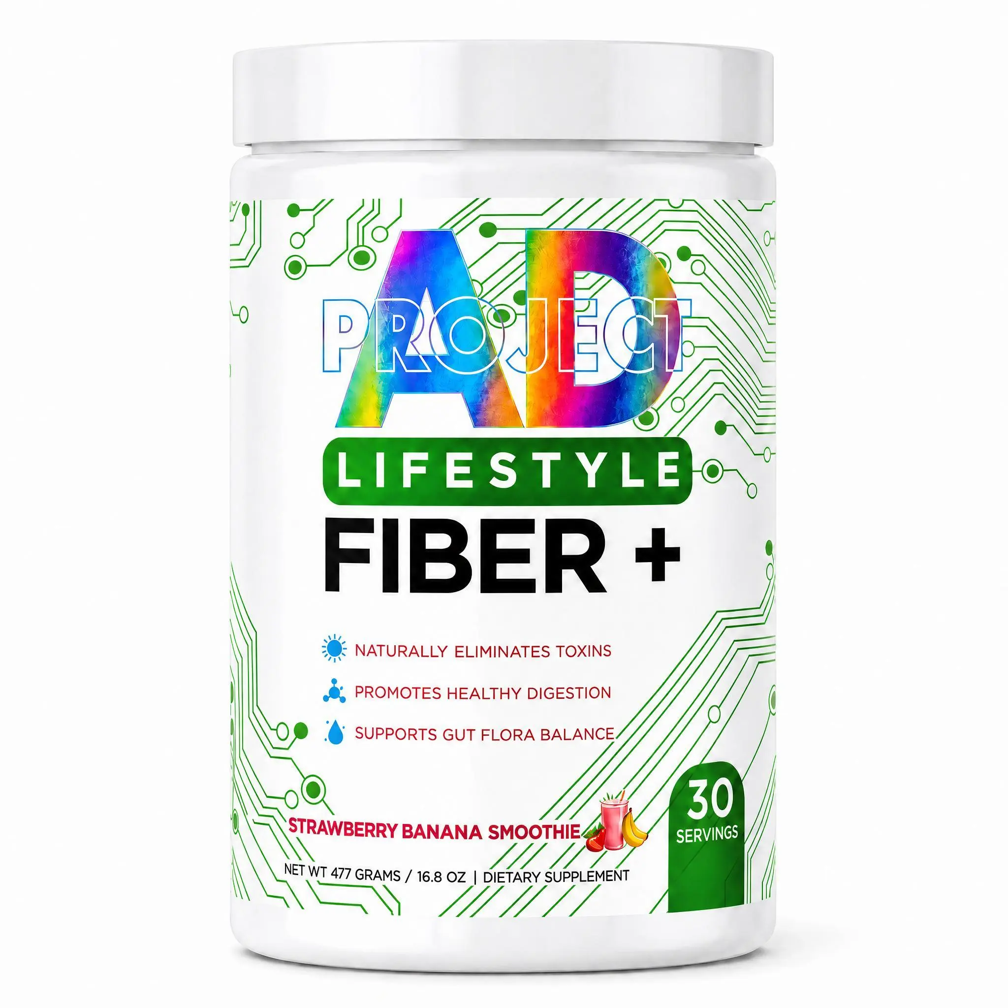 AD LIFE Fiber+ Digestive Health Powdered Supplement Drink Mix - Strawberry Banana Flavor, 12 Probiotic Strains, Prebiotic Fiber, Gut Support, Debloat Solution, Regularity Support, Nutrient Assimilation, Blood Sugar Aid, Adult Health Supplement, Jar
