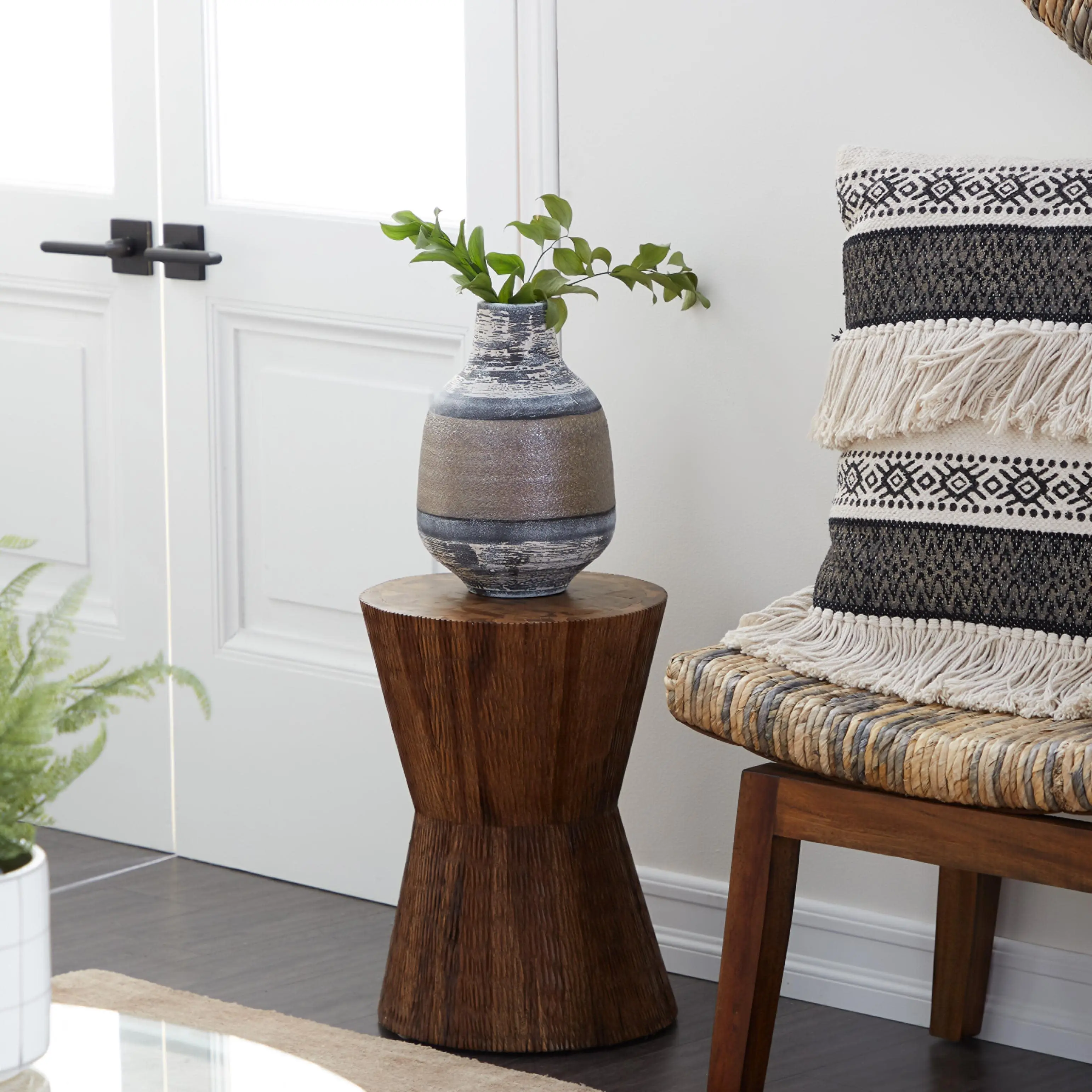 Handcrafted Brown Teak Wood Accent Side Table - Intricately Carved Geometric Base, 13x13x18" Wooden Work Surface, Contemporary Home Decor Living Room Furniture