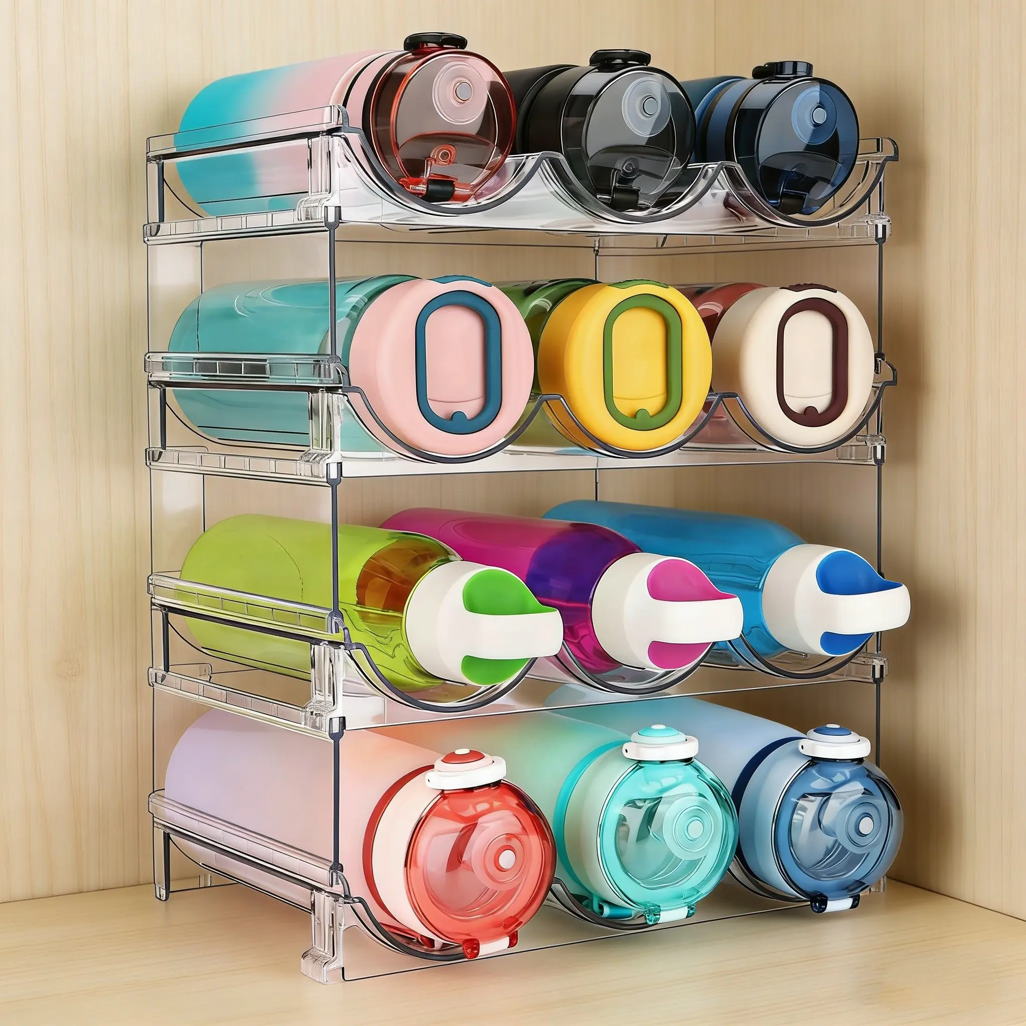 Kitchen Cabinet Water Bottle Storage Rack, 4 Layer Plastic Organizer Shelf, Multilayer Storage, Ideal for Refrigerator & Kitchen Countertop Organization