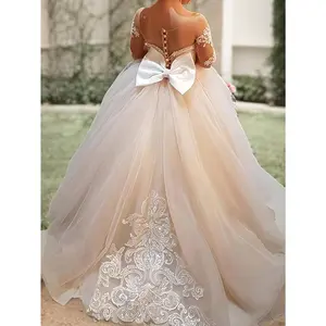 1pc Girls' 9/16 Sleeve Puff Sleeve Princess Dress with Big Bow, Elegant Long Tulle Wedding Dress for Youngsters, 12 & Under, A-Line Silhouette, Polyester, Dry Clean Only, Perfect for Performances & Special Occasions