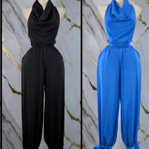 Ladies Set - Black & Blue Halter Neck Jumpsuits with Wide Leg Pants for Casual Wear