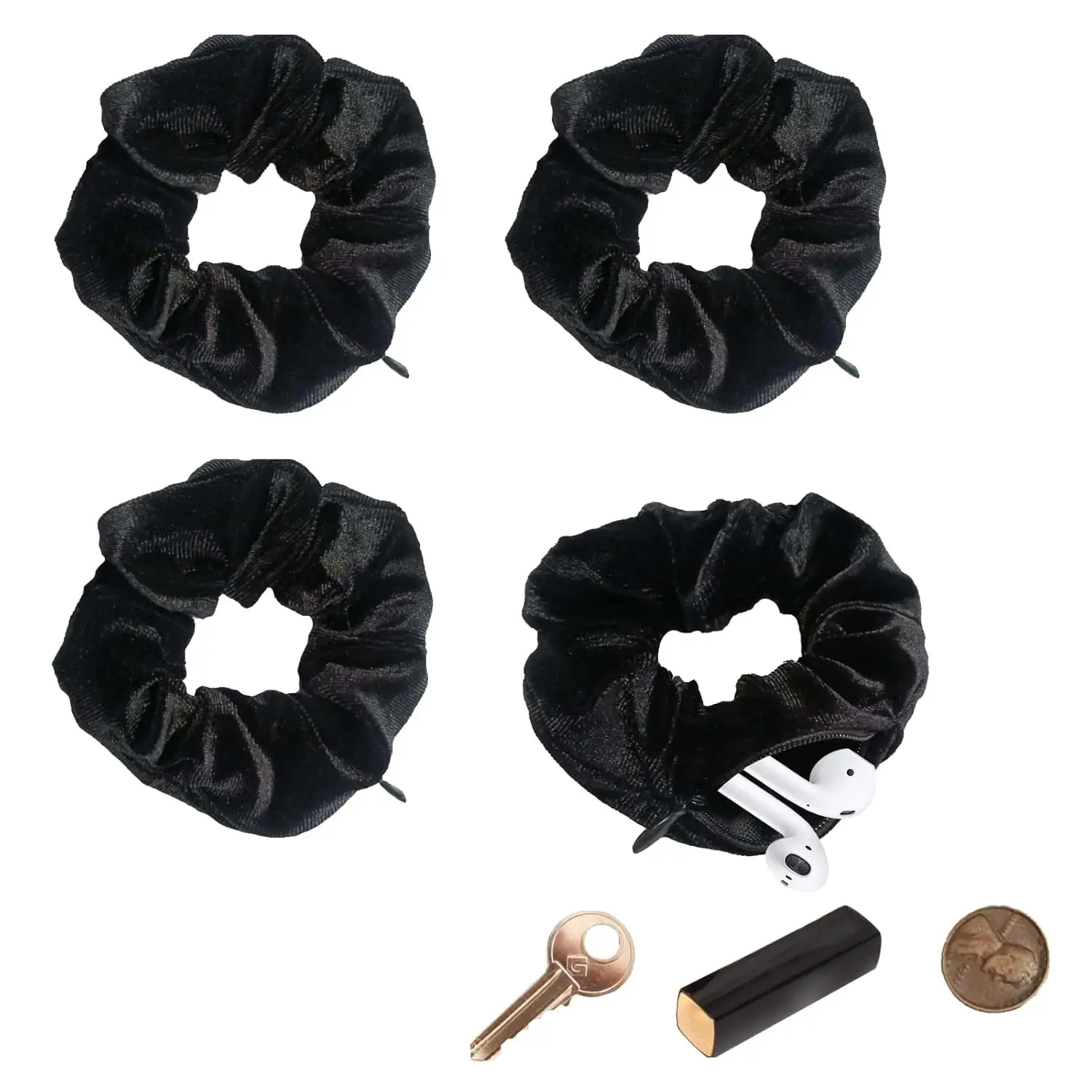 4-Pack Velvet Scrunchies for Women, Solid Hair Accessories with Zipper Pouch, Lightweight Wrist Wallet for Hiking, Daily Use, Christmas Birthday Gift, Fashion, Travel, Athletic, Everyday, Female, Lipstick