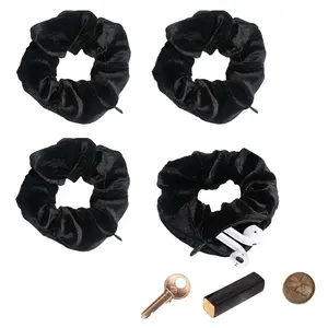 Velvet Scrunchie with Hidden Zipper Pocket 4-Pack Black for Cash Keys Lipstick Travel Essentials Lightweight Comfort Design Trendy Gift Fashion Accessory