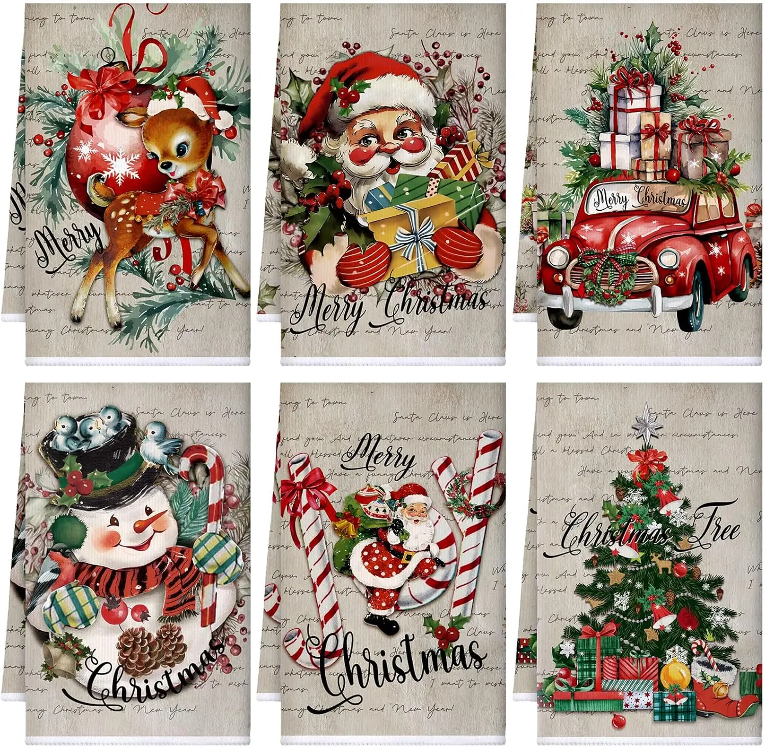 6 Pcs Vintage Christmas Kitchen Towels Christmas Dish Towel Set Absorbent Soft Microfiber Farmhouse Gray Winter Santa Snowman Hand Dishcloths Xmas Gifts Decorations for Kitchen Bathroom