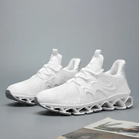 Men's Athletic Blade Running Shoes - Lace-Up 3D Mesh Casual Jogging Trainers with Breathable Cloth Fabric Upper, Cushioned Shock-Absorbing Spring Blade Sole, Lightweight Anti-Slip Design for Gym & All-Season All-Day Wear