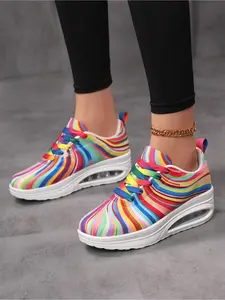 Women's Rainbow Striped Air Cushion Sneakers, Breathable Non-Slip Casual Running Shoes