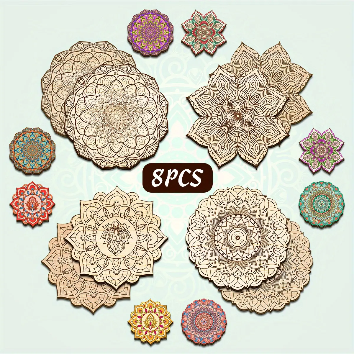 8 Pieces Large Unfinished Mandala Coloring Wooden Crafts Set, DIY Kit, Creative Craft Painting Kit, High Quality Material, Clear Lines, Easy to Color, Craft Wooden Boards, Multifunctional for Manufacturing Wooden Ornaments