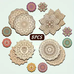 8 Pieces Large Unfinished Mandala Coloring Wooden Crafts Set, DIY Kit, Creative Craft Painting Kit, High Quality Material, Clear Lines, Easy to Color, Craft Wooden Boards, Multifunctional for Manufacturing Wooden Ornaments