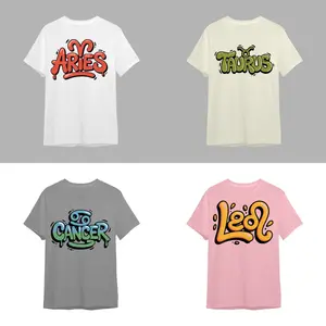 [Full 12 Zodiac] Urban Bubble Letter Zodiac Shirt, Birthday Zodiac Street Style Tee for White, Sport Grey, Sand, Light Pink