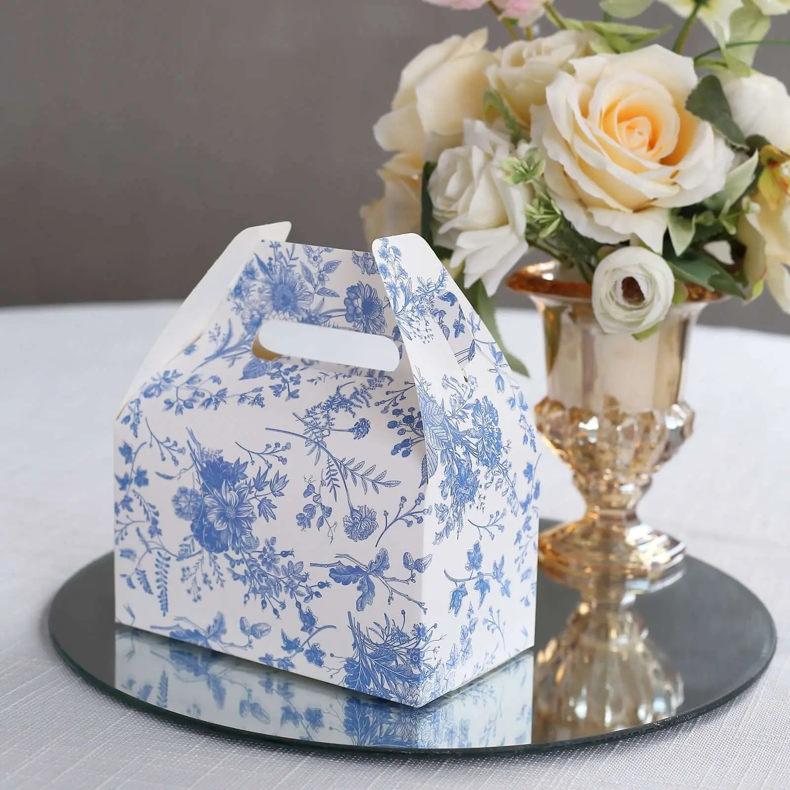25-Pack White Blue French Toile Pattern Tote Gable Boxes (6"x3.5"x7") - Bulk Gift Boxes for Office Party Use, Distinctive Candy Holders & Birthday Treat Containers, Gift Boxes Bulk