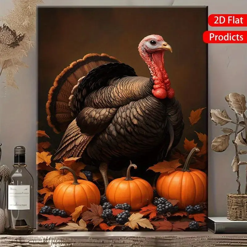 2D Flat Canvas Print with Solid Wood Frame - Decorative Thanksgiving Turkey, Pumpkins & Autumn Leaves Indoor Home Decor for Living Rooms, Bedrooms, Holiday