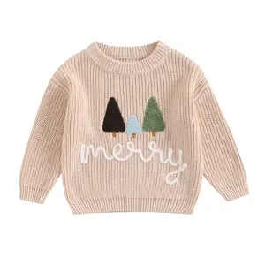 0-3Y Lovely Baby Boys Girls Christmas Sweater 3 Colors Xmas Trees Letter Embroidery Crew Neck Long Sleeve Pullover Top