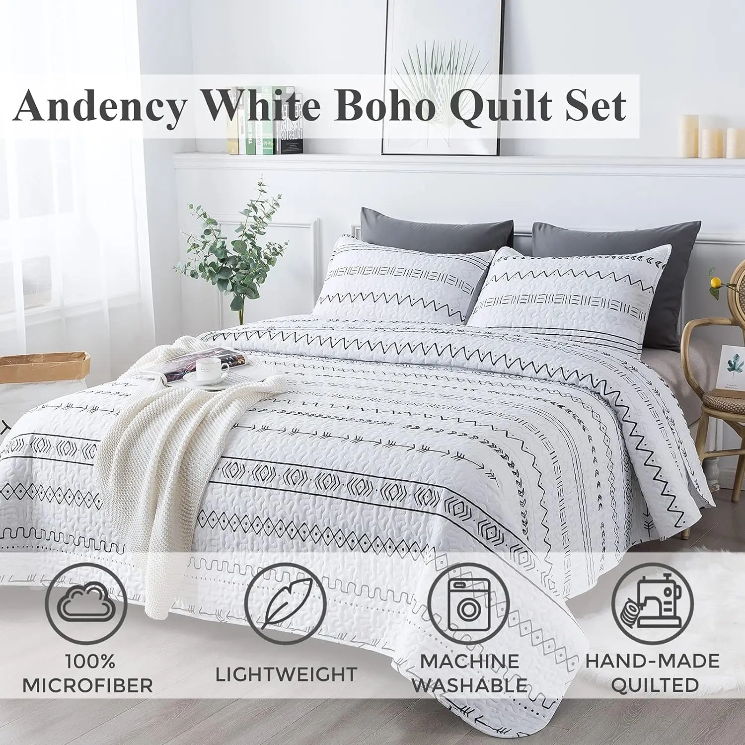 Andency White Quilt Set Queen (90x96 Inch), 3 Pieces(1 Boho Printed Quilt and 2 Pillowcases), Bohemian Summer Lightweight Reversible Microfiber Bedspread Coverlet Sets