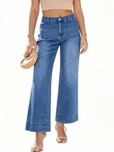 Women Hover Denim Jean High Waisted Straight Leg Stretchy Denim Pants with Pockets Womenswear Bottom