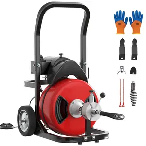 Powerful Electric Drain Cleaning Machine with Blue Gloves - 100FT x 1/2" Sewer Snake Auger, 6 Cutter Heads, Air-Activated Foot Switch, Portable Plumbing Tool for 1"-4" Pipes, Ideal for Home and Professional Use