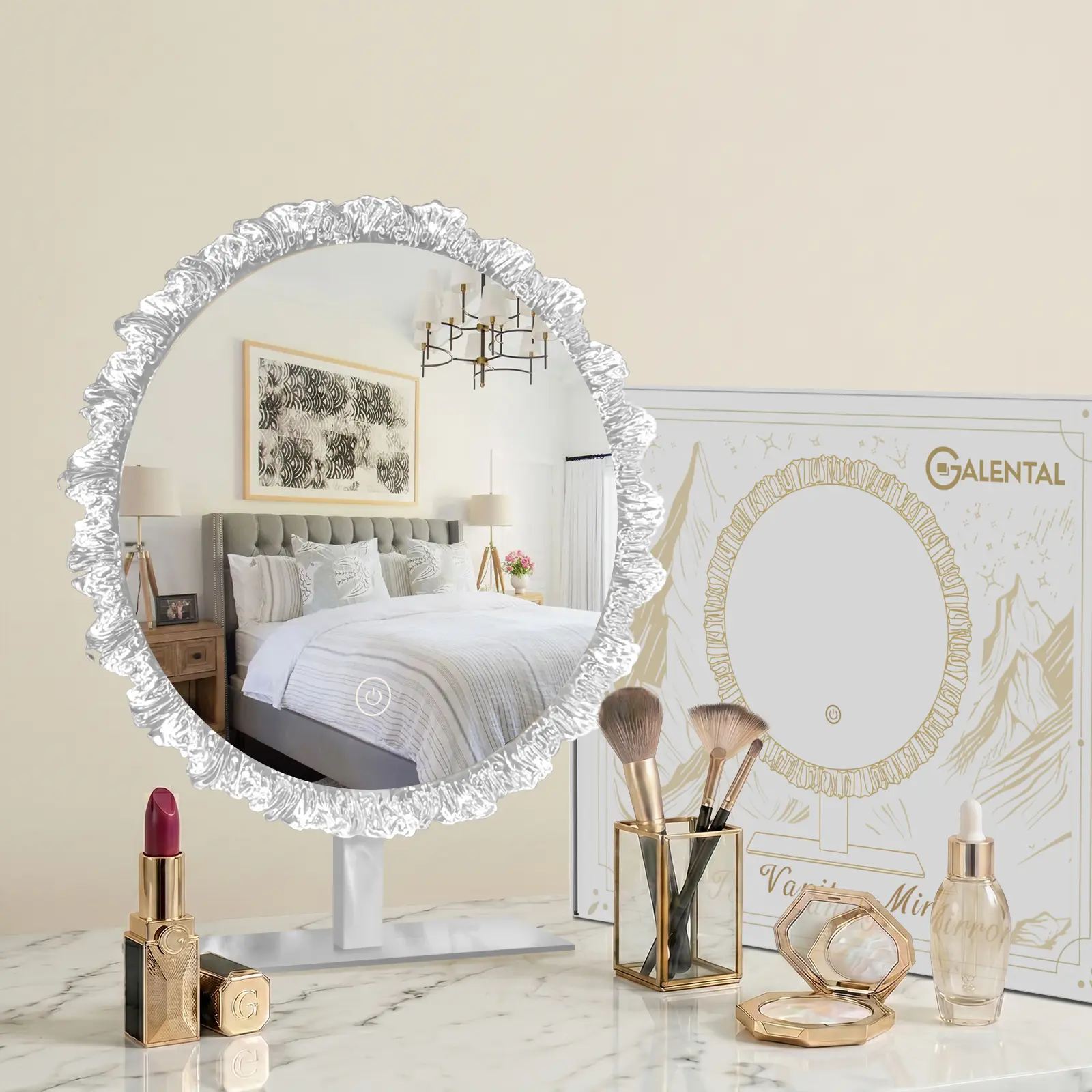GALENTAL Iceberg Vanity Mirror with Light LED Makeup Mirror Dimmable 3 CCT Touch Control Crystal Edge Desk Vanity Mirror for Bedroom Bathroom Dressing Table Gift Idea