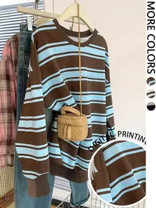 This Striped Oversized Sweatshirt Long Sleeves is Cozy Casual Vibes   Loose Fit Pullover Top Lightweight Slim-Fit Top