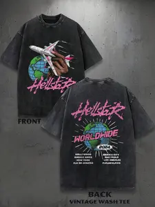 Y2K Style Streetwear Fashion Graphic Tee with Airplane Design, Vintage Wash Dark Tourism Shirt, Unisex Loose Fit 100% Cotton for Cyberpunk Cosplay