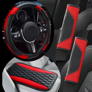 4pcs Classic Luxury Car Interior Set, Carbon Fiber Faux Leather Steering Wheel Cover, Central Armrest Pad, Belt Shoulder Pads, Non-Slip And Wear-Resistant, Car Steering Wheel Cover Set Suitable for All Seasons