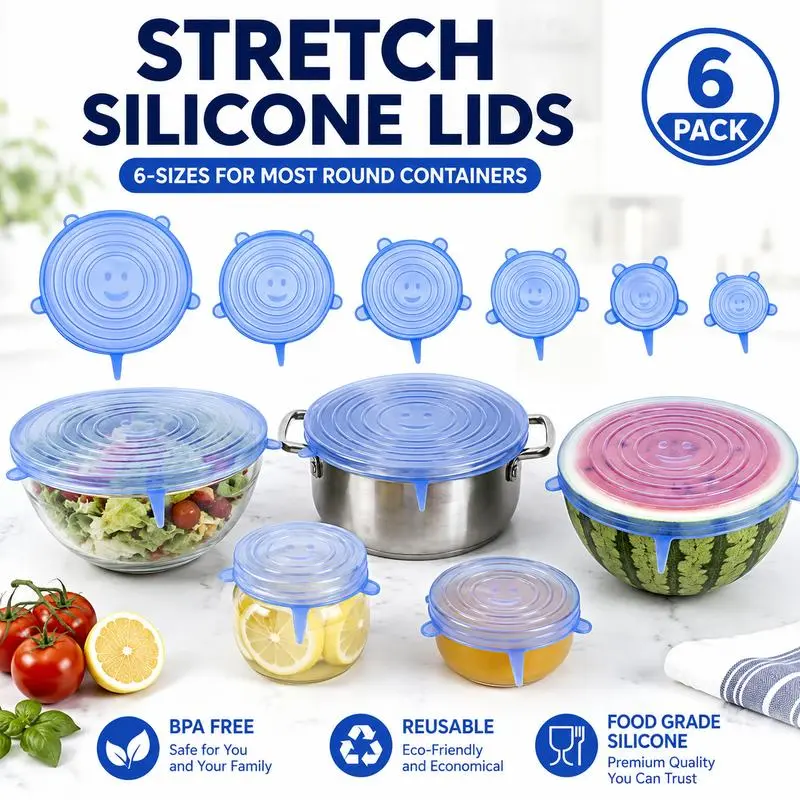 6 Pack Silicone Stretch Lids (2.6\", 3.7\", 4.3\", 5.5\", 6.3\", 7.7\"), Reusable Food Grade Silicone Covers for Bowls, Pots, Cups & Fruits, BPA Free