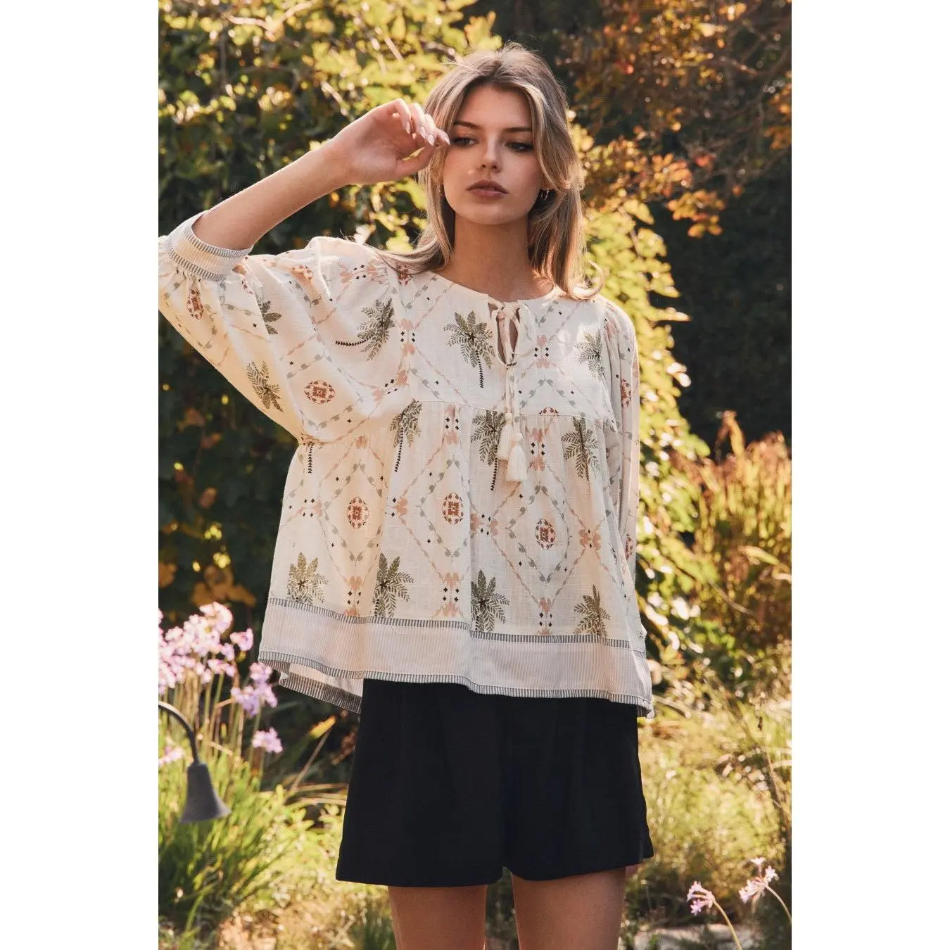 Tropical Printed Woven Peasant Blouse