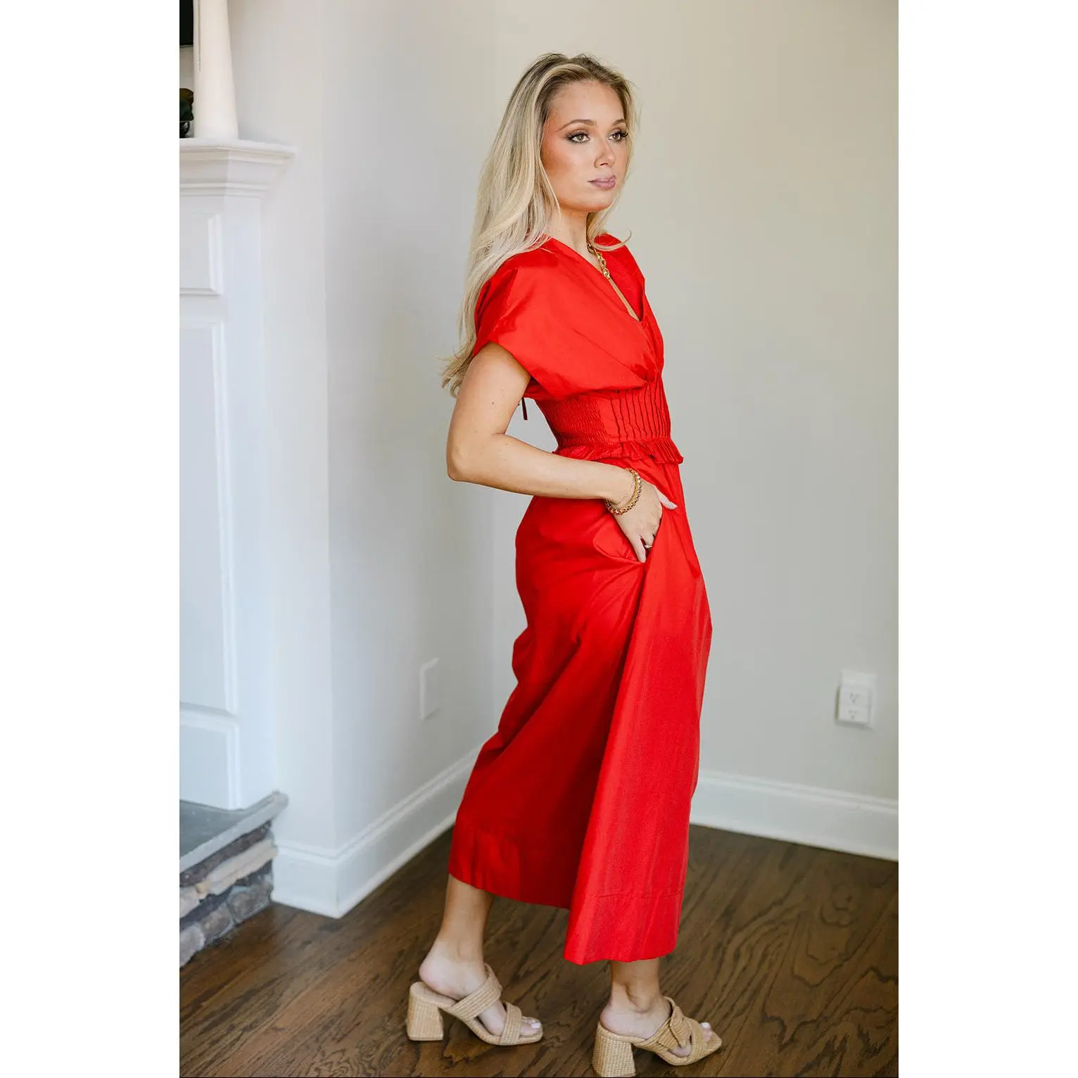 Juliet Red Smocked Gold Zip-Up Midi Dress - TikTok Shop