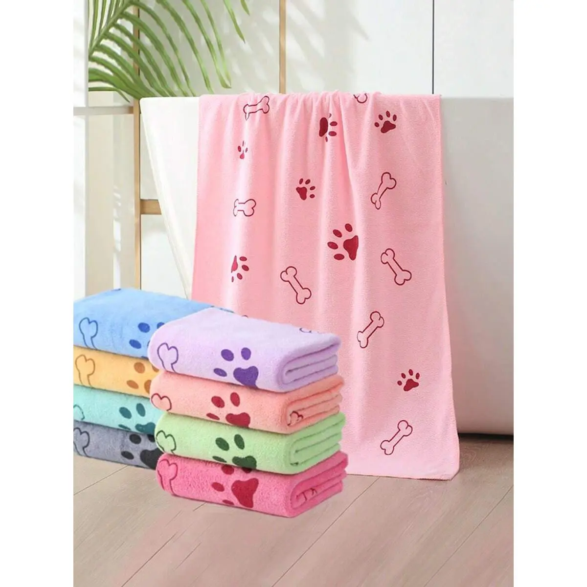1pc/2pcs Soft & Absorbent Microfiber Pet Towel, Cute Paw Print, Bone, Bear, Rabbit Design, 50cm*100cm, Quick Drying, Cartoon Print Pet Bathing Towel, Ideal For Drying Cats, Dogs, Pet Grooming