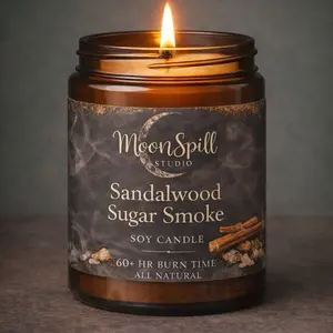 MoonSpill Studio Sandalwood Sugar Smoke Soy Candle 60+ HR Burn Time All Natural Aromatherapy Candle
