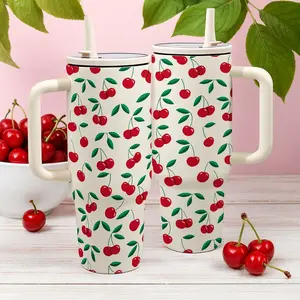 1 pc 40 oz Large Capacity Stainless Steel Double Wall Insulated Water Cup Tumbler, Cherry Pattern With Handle And Straw, Keeps Hot For 12H/Cold For 24H, Leak-Proof And Reusable, Perfect For Coffee, Travel, Office, Household And Kitchen Supplies.
