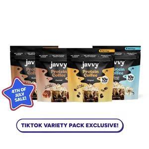 Javvy Protein Coffee Variety Pack, 4 Flavors (Original, Mocha, French Vanilla, Caramel) - Premium Whey Protein Instant Iced Coffee - No Artificial Flavors & Sweeteners, No Added Sugar, 20 Servings