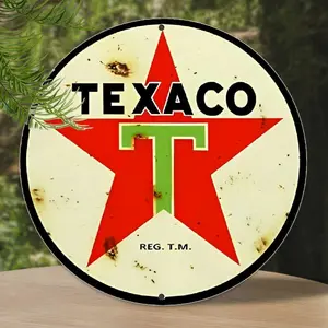 Vintage Texaco Red Star Aluminum Metal Sign - Retro Gas Station Wall Art for Bar, Cafe, Beach House, Backyard - 7.8" Round Poster