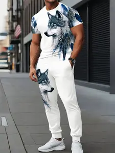 Men's T-shirt with Wolf print, casual street fashion, short-sleeved pullover, long pants set, summer outdoor sports top, T-shirt clothing, Knit