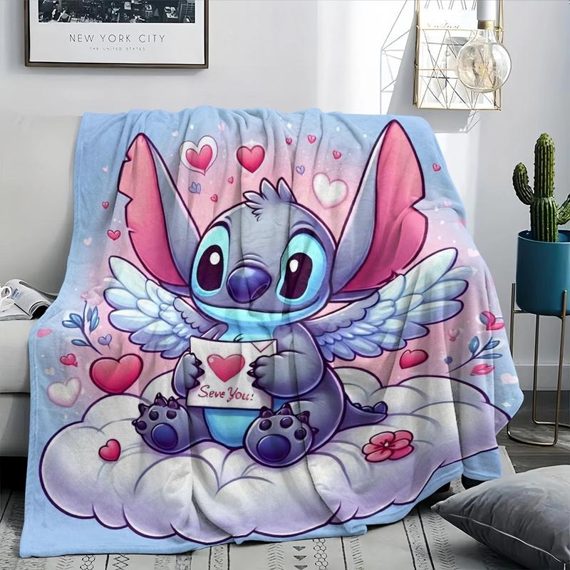 Cute Angel Stitch Cloud Theme Flannel Blanket, Light Blue Bottom, Winged Stitch Hugging Heart Card, I Love You Design, Valentine's Day Gift
