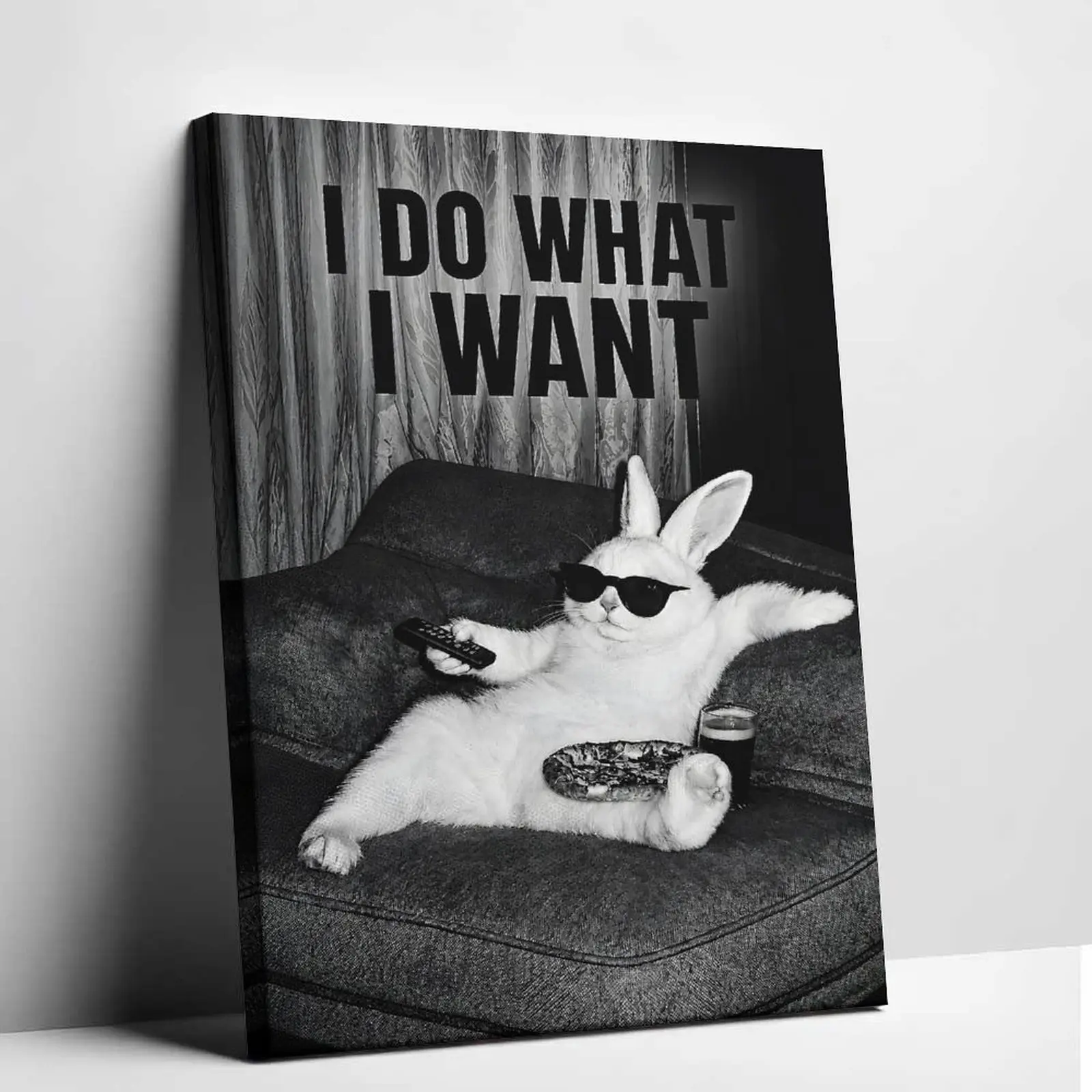 I Do What I Want Funny Rabbit Canvas Wall Art – Sunglasses Bunny on Couch Black & White Poster, Funny Animal Decor for Bedroom, Living Room, Dorm & Man Cave