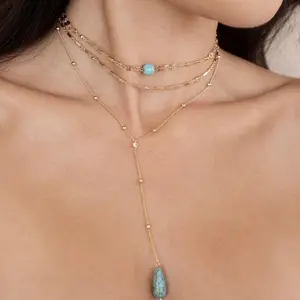 Turquoise Lariat Necklace with Turquoise Pendant and Gold Chain