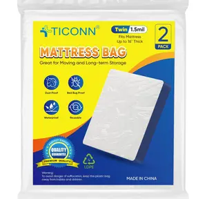 TICONN 2PK Plastic Mattress Bag for Moving Storage, Waterproof Mattress Protector Cover, Heavy-Duty Mattress Moving Supplies (1.5 mil, Twin)