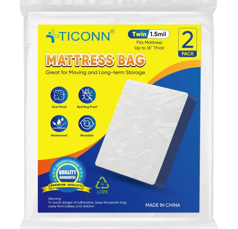 TICONN 2PK Plastic Mattress Bag for Moving Storage, Waterproof Mattress Protector Cover, Heavy-Duty Mattress Moving Supplies (1.5 mil, Twin)