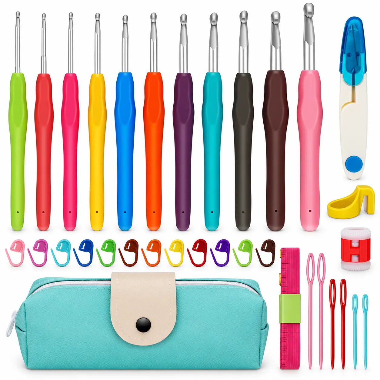 32PCS Crochet Hooks Set with 11 Colorful Soft Grip Crochet Needles, Stitch Markers, Yarn Needles, Measuring Tape & Storage Bag, Complete Knitting Crochet Kit for Beginners & DIY Yarn Crafts