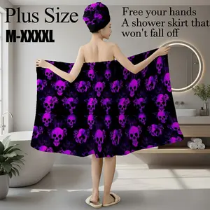 Plus Size M-XXXXL Purple Skull & Rose Print Bath Wrap Skirt & Hair Towel Set, Non-Slip Adjustable Shower Skirt for Bathroom, Spa, Halloween, Gothic Party