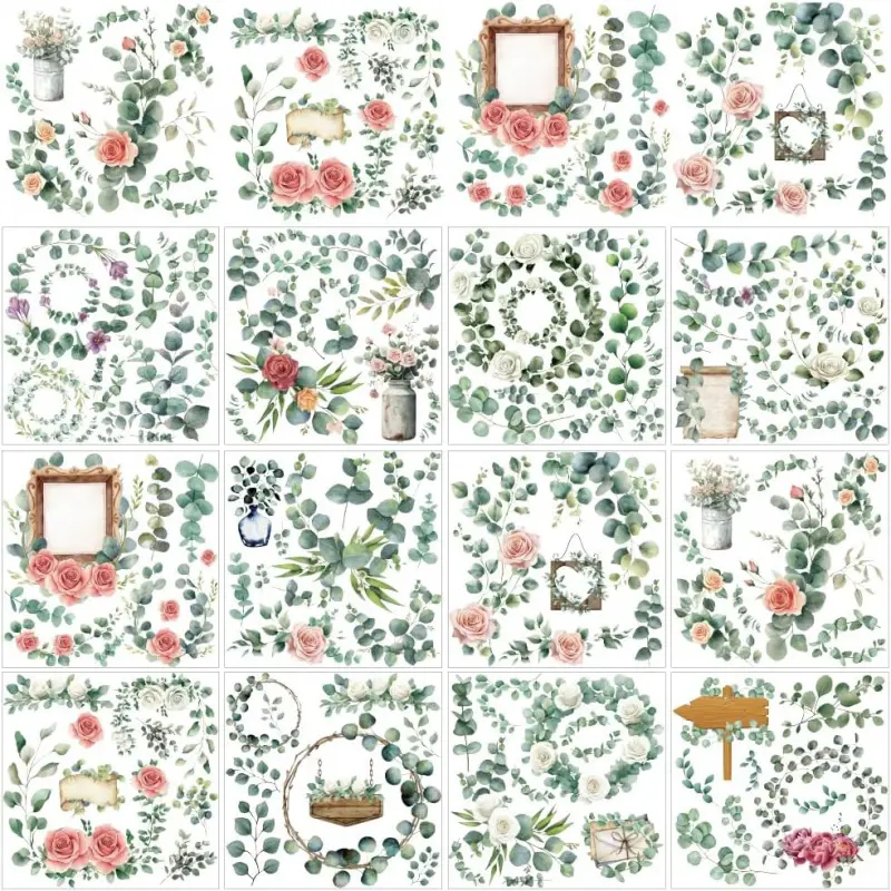 12 Sheets Eucalyptus Leaves Rub on Transfers for Crafts, Eucalyptus Flowers Rub on Transfer Stickers PVC Rub on Decal for DIY Home Furniture Window Wood, 14x14cm
