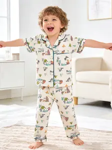 Boys' Sleepwear Sets, Cute Cartoon Pattern Design, Loose Fit Short Sleeve Long Pants, Comfortable Home Wear for Daily & Night Use