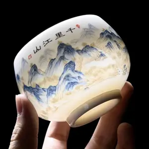 High-end tea cup made of mutton fat jade with free shipping, designed for personal tea tasting, large size, made of ancient white porcelain