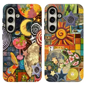 Whimsical Psychedelic Collage Phone Case, Sun, Frogs Retro Vibes ,Shockproof Rugged Cover Dual Layer Soft TPU Hard Bumper Shell for Samsung S26 S25 S24 S23 S22 S21 NOTE20 Ultra A71 A56 A36 Plus FE A06 A13 A14 A15 A16 A23 A25 A26 A34 A52 A53 A54 A55 Edge
