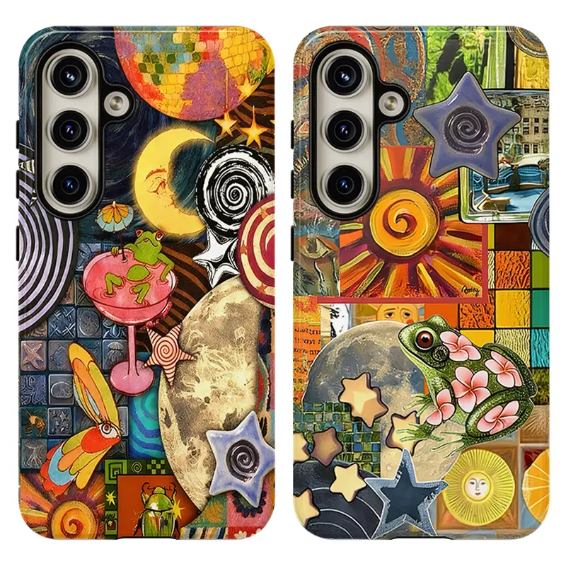 Whimsical Psychedelic Collage Phone Case, Sun, Frogs Retro Vibes ,Shockproof Rugged Cover Dual Layer Soft TPU Hard Bumper Shell for Samsung S26 S25 S24 S23 S22 S21 NOTE20 Ultra A71 A56 A36 Plus FE A06 A13 A14 A15 A16 A23 A25 A26 A34 A52 A53 A54 A55 Edge,,