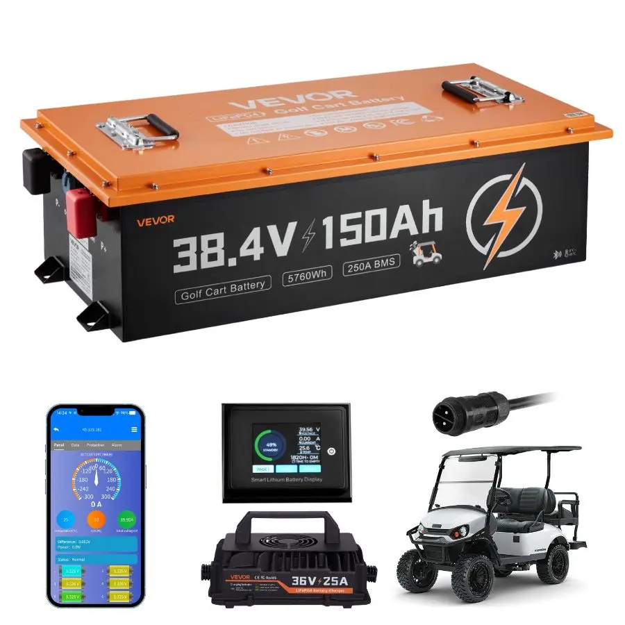VEVOR 36V (38.4V) 150AH Secondary Rechargeable Lithium LiFePO4 Golf Cart Battery Kit, Batteries Built-In 250A BMS, 25A Charger + BMS, Bluetooth Mobile APP Touch Monitor, 4000 Cycles, for Golf Carts, Trolling Motors