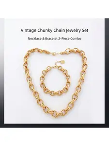 Chunky Gold Chain Jewelry Set, Gold Plated Necklace & Bracelet Combo, Non Tarnish Statement Pieces for Daily/Party Wear, Adjustable Size for Women