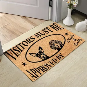 Personalized Visitors Must Be Approved By Dog Doormat, Custom Pet Name Welcome Mat for Front Door, Funny Dog Lover Gift, Cute Dog Owner Porch Decor, Durable Indoor Outdoor Entry Rug, Aesthetic Housewarming Gift
