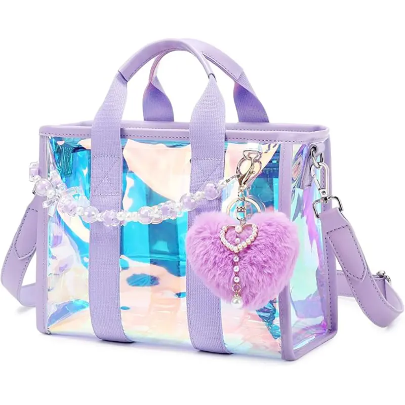 Women's Transparent PVC Tote Bag - Stadium-Approved Game Day Purse, Heart-Shaped Charm, Travel Essentials, Suitable for Everyday Use